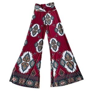 Moa USA Womens Burgundy Paisley Wide Leg Palazzo‎ Flare Pants High Waist Medium